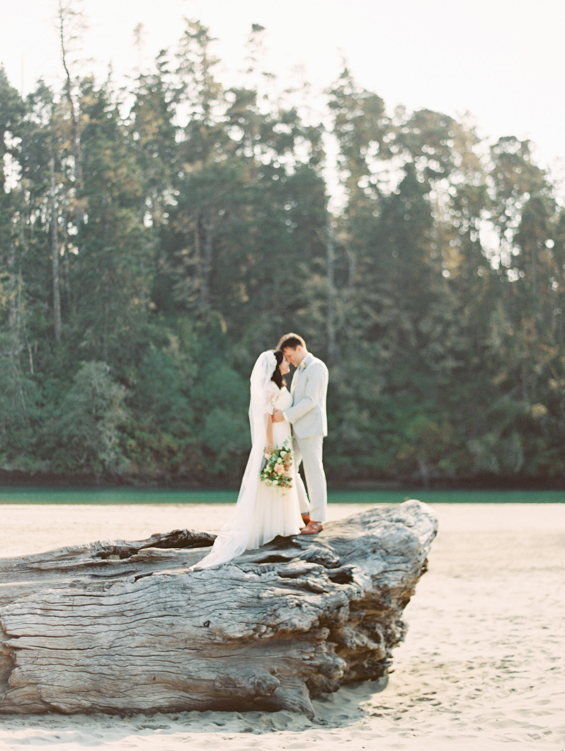 Bride & groom standing on driftwood on beach, photographed at wedding in Elk, California, by destination wedding photographer, Bethany Erin Photography.