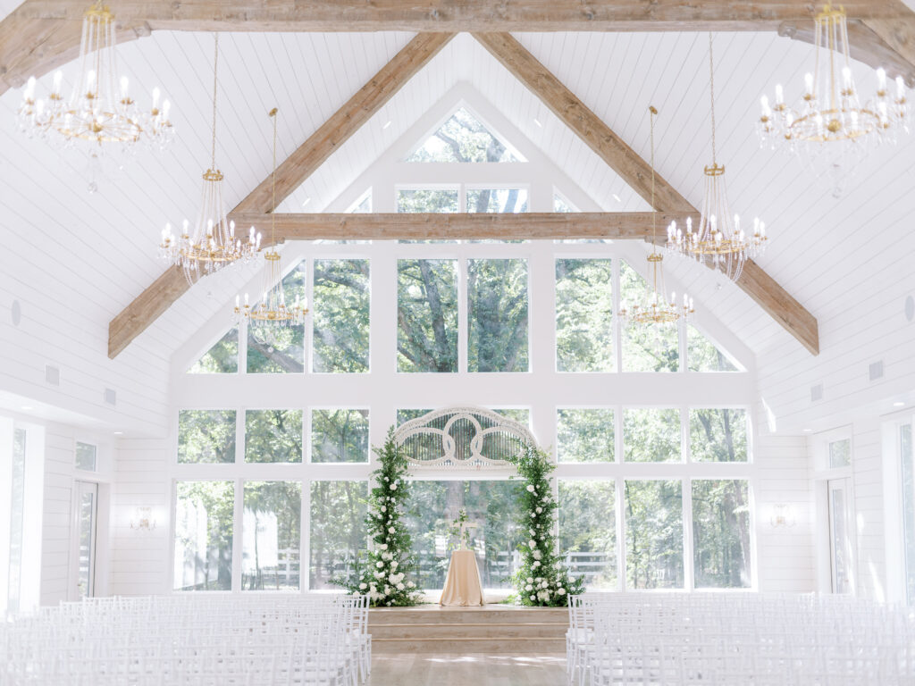 Ceremony decor in white chapel at The French Farmhouse Venue, photographed by Dallas Wedding Photographer, Bethany Erin Photography. 